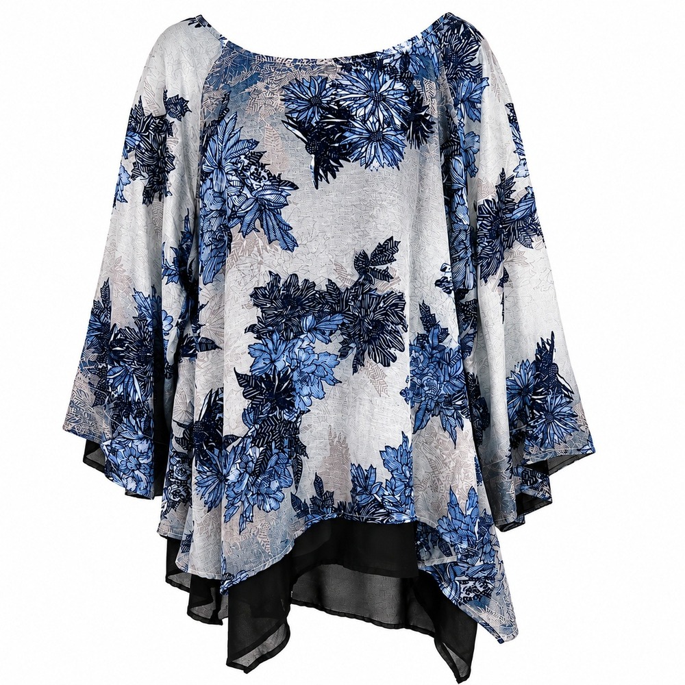 Citron Top Women 1X Blue Floral Silk Blend Quiet Luxury Coastal Timeless Elegant